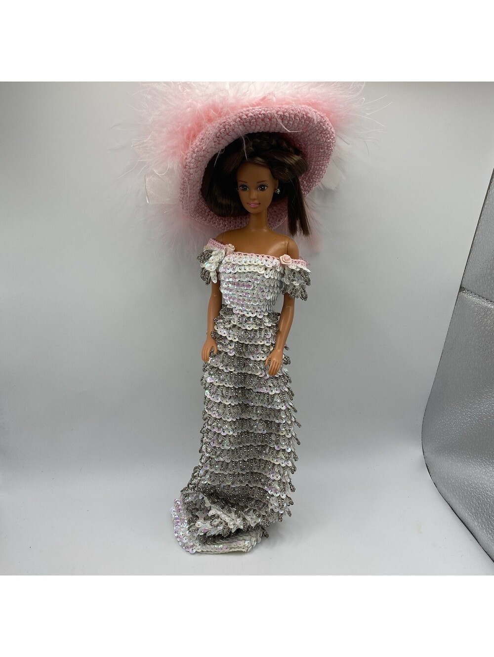 Vintage Barbie Teresa - Handcrafted Sequin Beaded Dress Pink Feather Hat B2